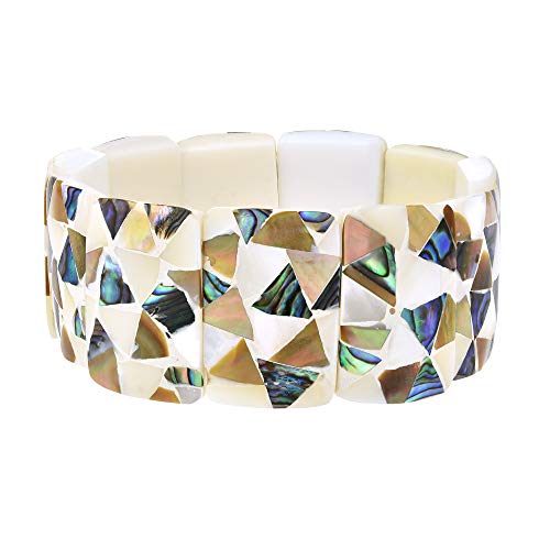 Contemporary Rectangles Mixed Seashell Mosaic Stretch Fit Bangle Bracelet