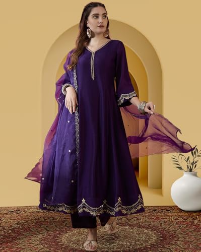 Image of Amazon Brand - Tavasya Women Vichitra Zari Sequence Embroide Kurta with Pant and Dupatta|Kurta Set|Ethnic Wear|Salwar Suit|3 Piece Set