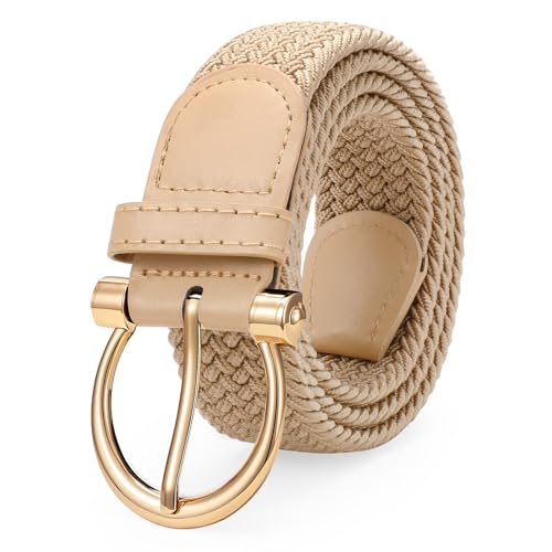 LEACOOLKEY Women Stretch Belt Ladies Elasticated Woven Braided Belt with Gold Buckle Casual Golf Belt for Jeans Pants 1.38 width