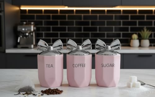 Biznest Set of 3 Jars with Silver Bow Lid Kitchen Canister for Tea Coffee Sugar Storage Pots, Marble Effect Home Decor Dining Table Eye-Catching Glamorous Design (Blush)