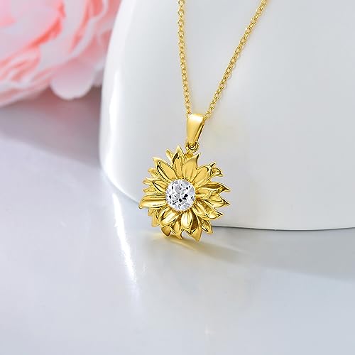10K 14K 18K Solid Gold Personalized Sunflower Birthstone Necklace for Women, Real Gold Customized Flower Pendant with 12 Month Birthstone Fine Jewelry Gifts for Her,Mom, Wife3