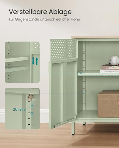 SONGMICS Aufbewahrungsschrank, Metallschrank, mit Doppeltür, Magnetverschluss, Verstellbarer Einlegeboden, Stahlgestell, 40 x 80 x 76 cm, lorbeergrün-natureichenfarben LSC102C01