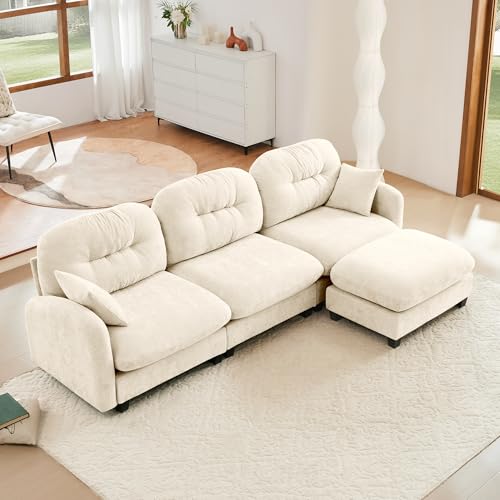 Image of KEIKI 107 inch L-Shaped Oversized Chenille Modular Sectional Sofa with 1 Ottoman, High-Density Foam Cushions, Tufted Pleated Cushion Backrest, Modern 3-Seater Couch with 2 Pillow, for Living Room, Beige