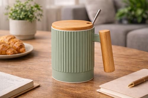 Image of Coffee Mug, Gift for Woman, Birthday Present for Girlfriend, Present for Wife Birthday, Mugs for Present, Holi Gifts, Panda Mug with Lid & Spoon (Fluted Green)