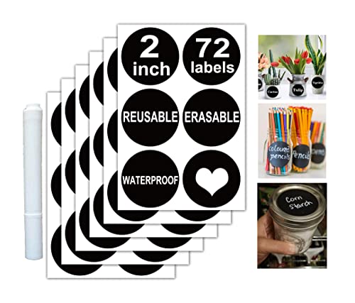 2 Inch Round Chalkboard Stickers Mason Jar Lid Canning Labels - 72 Pcs Reusable Chalk Blackboard Sticker Labels for Kitchen Glass Jars, Food Containers, and Pantry Organizing
