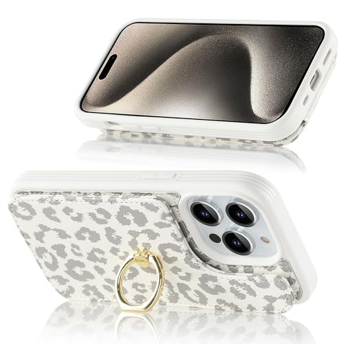 Lipvina for iPhone 15 Pro Max Case with Card Holder,Credit Card Holder,Ring Stand Kickstand,Shockproof Cute Phone Wallet Case for Women (6.7 inch,White Leopard)