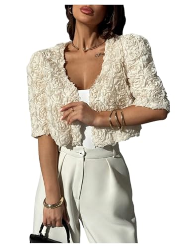 GORGLITTER Women's 3D Flower Short Sleeve Jacket Open Front Party Cropped Cardigan Trendy 2025