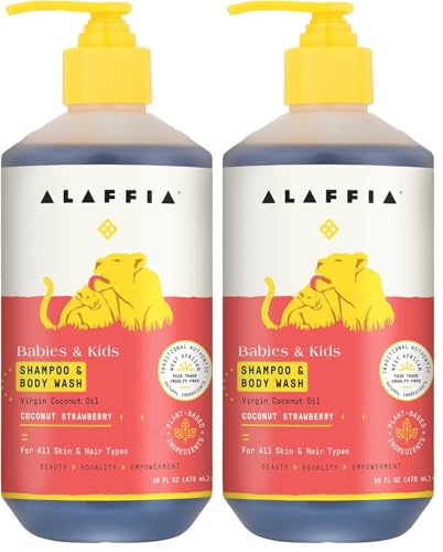Image of Alaffia Babies and Kids Shampoo and Body Wash, Gentle and Calming Support for Soft Hair and Skin with Shea Butter, Neem, and Coconut Oil, Fair Trade, Coconut Strawberry, 16 Fl Oz (Pack of 2)