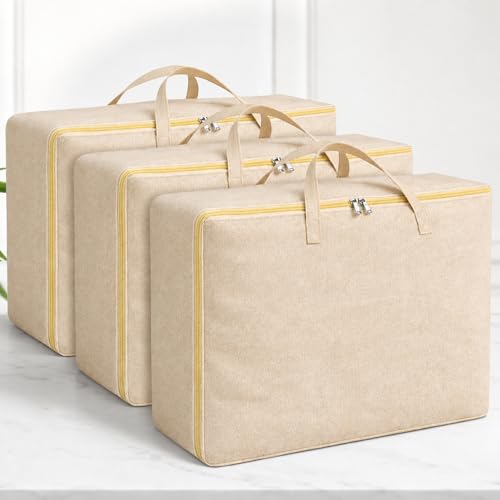 Image of SITTELLA 3 Pack Large Foldable Storage Bags 79 L | Fabric Storage Organizer Box with Zip | Blanket, Quilt & Household Item Storage | Space Saving Storage Container | Beige