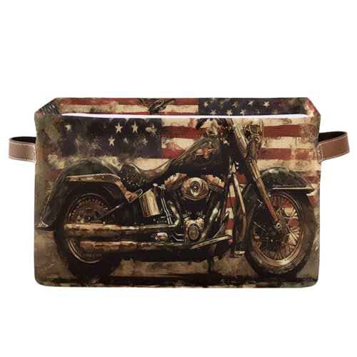Image of Kigai Motorcycle Flag Storage Basket with Handles Waterproof Collapsible Storage Bin Canvas Fabric Basket Decorative Box Closet Organizer for Nursery Bedroom Office