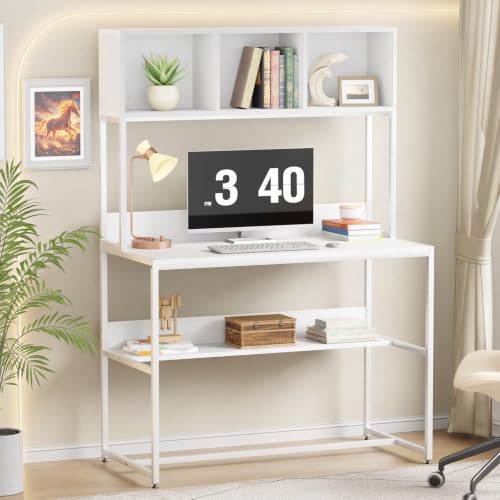 Image of Lukzer Wooden Study Table with Bookshelf & Hutch (MST-011 /White & White) Engineered Wood & Metal Office Desk with 3 Storage Shelf for Home | DIY Writing & Computer Table for Laptop /PC (150x103x50 cm)