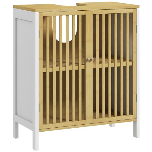 HOMCOM Mueble para Debajo del Lavabo Armario de Almacenamiento Bajo Lavabo de Bambú con Estante Ajustable y Puerta Doble Carga 30 kg 60x30x70 cm Blanco y Natural