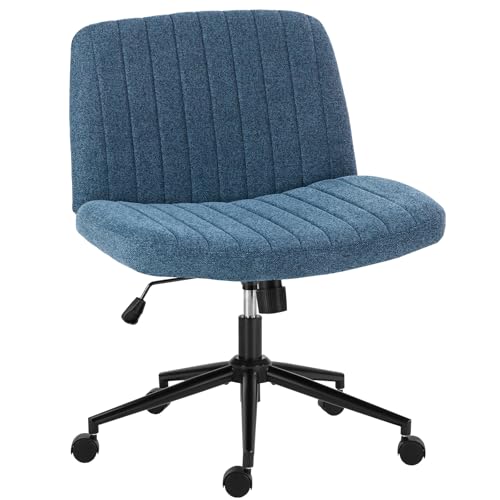 OLIXIS Criss Cross Chairs with Wheels Wide Cross Legged Office Desk Vanity Chair Comfy Fabric Armless Height Adjustable Swivel for Home Computer Task Blue Fabric