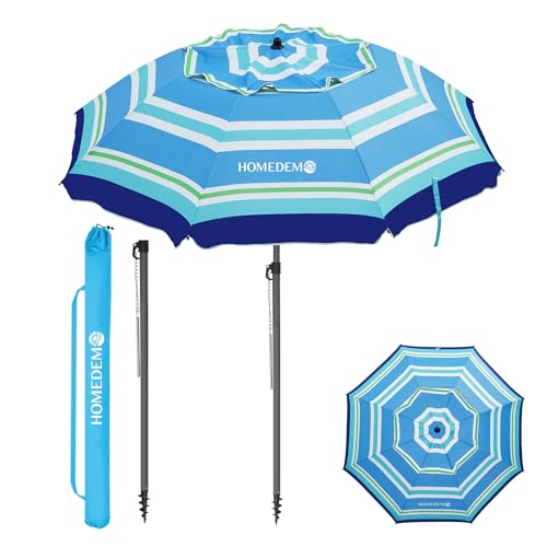 HOMEDEMO Sonnenschirm Strandschirm, Ø 180 cm Gartenschirm Marktschirm, Terrassenschirm mit Bodenhülse & Drehstange & Schutzhülle, Blau-Grün-Weiß Sreifen rund UV50+ Schutz Sonnenschutzschirm