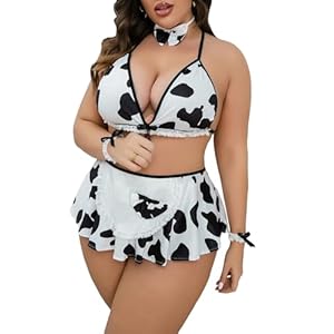 WDIRARA Women’s Plus Size Cow Print Maid Costume Lace Trim Bralette and Skirt Lingerie Set with Choker