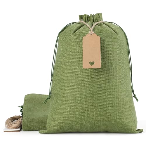 Tapleap Burlap Bags with Drawstring - 10Pcs 10x14 Green Gift Sacks for Wrapping Back to School Favors, Clothes, Toiletries, Bread, Clay Pebbles, For Birthday, Wedding, Party or Household Use