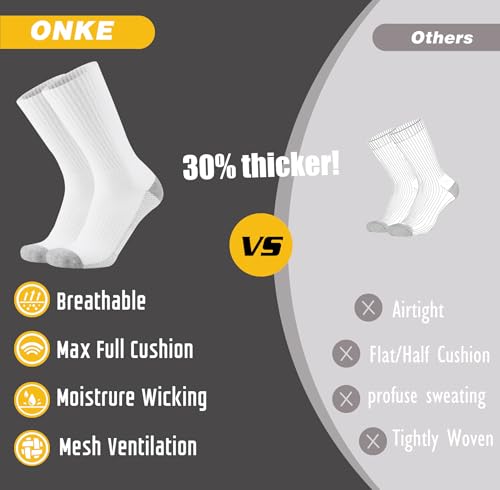 Image of ONKE Athletic Work Socks for Men Women Heavy Cushion Crew Moisture Wicking | Cotton, Max Full Cushion, Odor Control, Breathable, Comfortable, Durability, Anti Blister, Arch Support, Size M /L /XL 3 /6 Pack