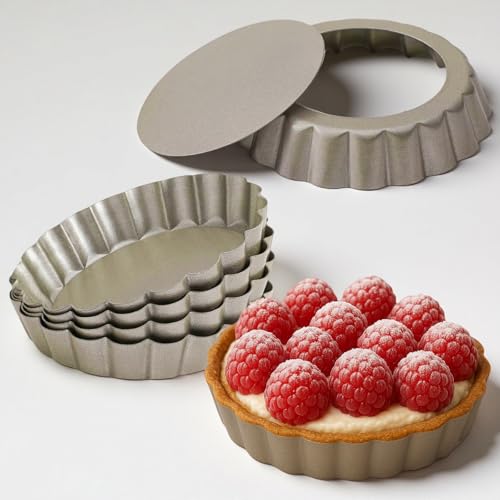 Image of 4 Inch Mini Quiche Pans Gold 6 Pack. Egg Tart Molds w /Removable Bottom, Non-Stick Coating, Rugged Carbon Steel for Small Tart Quiche Pie Making. Gift for Women Christmas Thanksgiving Festival