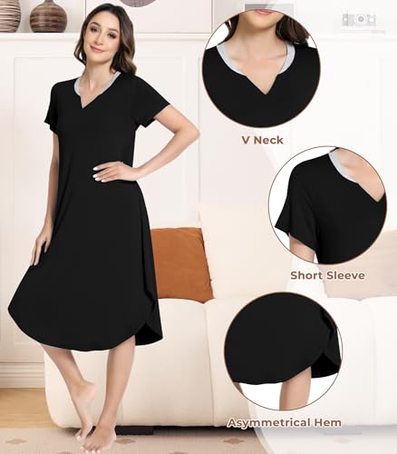 Image of NACHILA Nightgowns for Women-Viscose Made from Bamboo,Short Sleeve Nightshirts V Neck Sleep Shirt Loose Sleep Dress