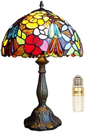 FUMAT Tiffany Table Lamps LED Bedroom Bedside 18 INCH Tall Table Lamp Rose Flower Grape Stained Glass Lamp Shades for Table Lamps for Living Room Dining Room Restaurant Hotel Office Desk Light