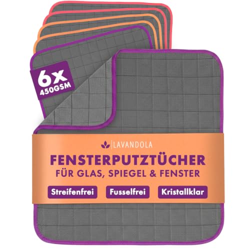 Lavandola 6X Fensterputztücher Carbon Mikrofaser (450 GSM Extra Stark) - Streifenfrei & Saugstark für Fenster Auto & Spiegel - Premium Glastuch ohne Chemie