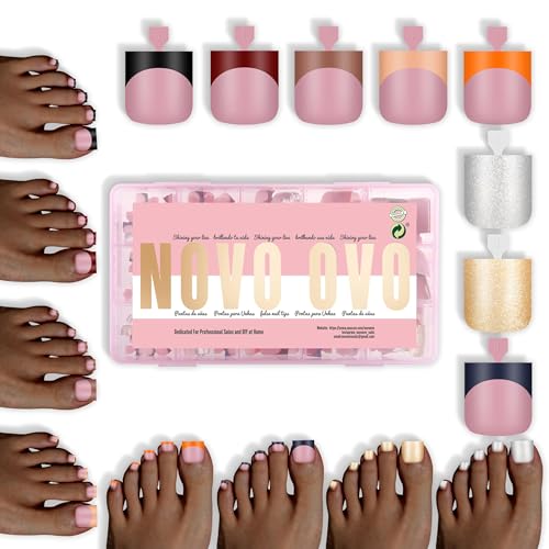 NOVO OVO Lot de 240 faux ongles à presser pour ongles d'orteils - 8 couleurs d'hiver mélangées - Rose baie, forme carrée - En gel souple - 15 tailles