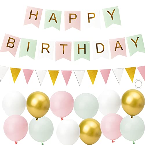 Happy Birthday Banner Birthday Decorations for Girls and Women with 12 inch Balloons Banner Bunting Decorations Green Pink.