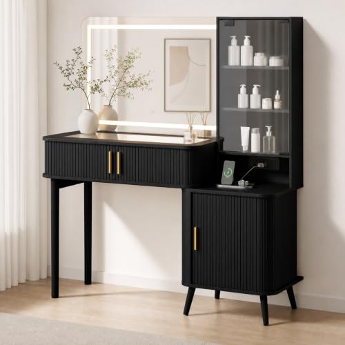 Image of 51 inch Fluted Makeup Vanity Desk with 4 Drawers & Adjustable Shelves,Dressing Table with Mirror and Lights, Large Vanity with Glass Top and Power Outlet for Bedroom (Black)