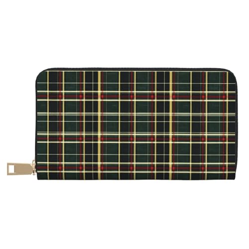 Leather Thin Slim Wallets for Women Men - Fashion Abstract Green Plaid Print Card Wallet Holder with Zipper