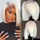 12' Ash White 60# Grey Platinum Blonde 13x4 Short Bob Human Hair REAL SKINLIKE Lace Front Wigs for White Women Pre Plucked Bleached Knots HD Transparent Lace Natural Hairline Brazilian Hair Wigs 150%