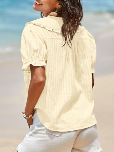 Image of Tankaneo Womens Puff Sleeve Shirts Peter Pan Collar Button Down Cotton Blouse Casual Summer Textured Tops