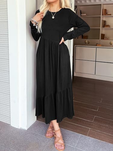 Image of Mieazom Women's Long Sleeves Maxi Dress Casual Loose Tiered Flowy Swing Beach Long Dresses with Pockets