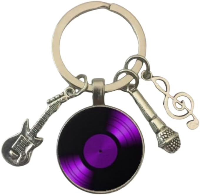 Juego de 10 llaveros retro de vinilo morado para discos de música, guitarra, micrófono y notas, accesorios vintage de rock para amantes de la
