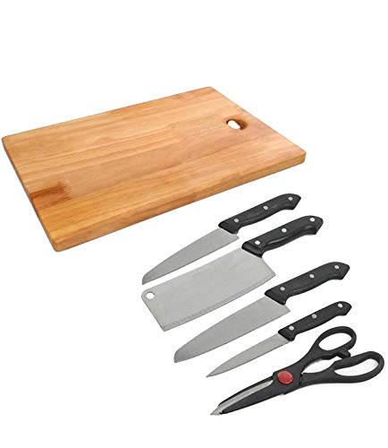Babari Wooden Chopping Board with Knife Set and Scissor, 6 Piece Stainless Steel Kitchen Knife Knives Set with Knife Scissor (Beige & Silver)