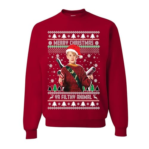 wild custom apparel Merry Christmas Ya Filthy Animal Home Alone Ugly Christmas Sweatshirt, Red, X-Large