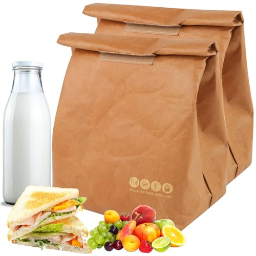 2 Pcs Insulated Brown Paper Lunch Bags, Reusable Lunch Bag Large Retro Sacks Thermal Insulation Food Storage Handbag for Adults Office Work Picnic...