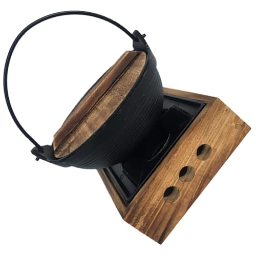 CALLARON Olla de Hierro Fundido Pequeña para Sopa Japonesa Sukiyaki, con Soporte de Madera, Resistente al Fuego, Adecuado para Cocina Tradicional y Uso Doméstico, Olla Caliente Estilo