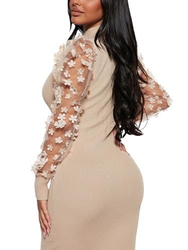 Image of Annystore Women's Elegant Mock Neck Sheer Long Sleeve Mesh Bodycon Dress Ribbed Club Party Pencil Midi Dresses Clubwear