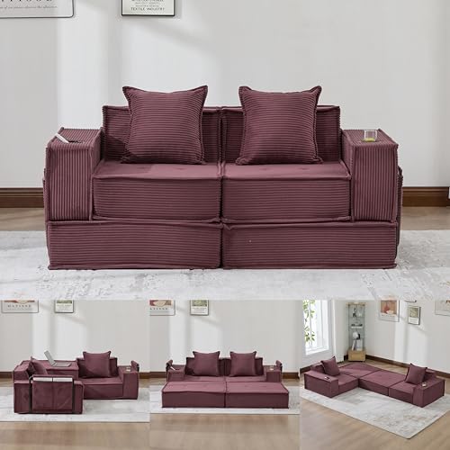 Canapé Convertible 2 Places, Canape lit Modulable avec Stockage, Convertible en Pouf et Fauteuil, Tissu Doux pour Salon