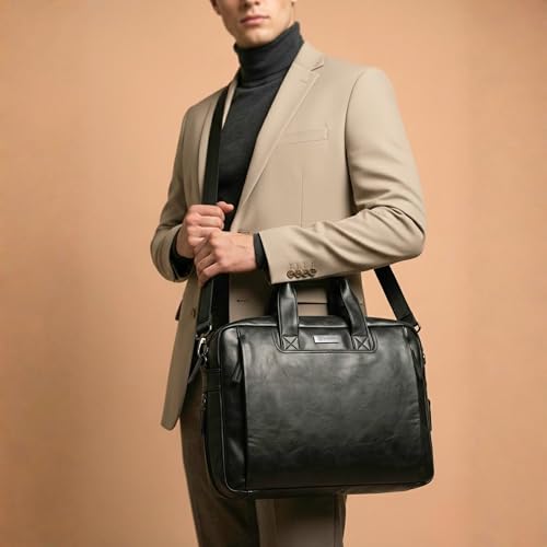 Image of VISMIINTREND Leather Office Laptop Bags for Men /Women | Stylish | Briefcase,Messenger Bags | Fits 13 inch,14 inch, 15.6 inch Macbook Laptops,Birthday Gift for Husband /Father | Corporate Gifts for Men (Black)