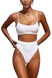 DaiLiWei Womens Swimsuits High Waist Crop Sports Bikini Sets Two Piece High Cut Bathing Suits Swimwear White