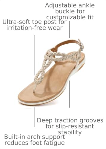 Image of UBFEN Womens Flat Sandals T-Strap Thong Sandals with Arch Support