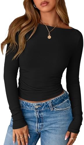 BTFBM Womens Long Sleeve T Shirts Fall Clothes 2025 Ribbed Slim Fit Y2K Boat Neck Casual Going Out Tops Workout Outfits