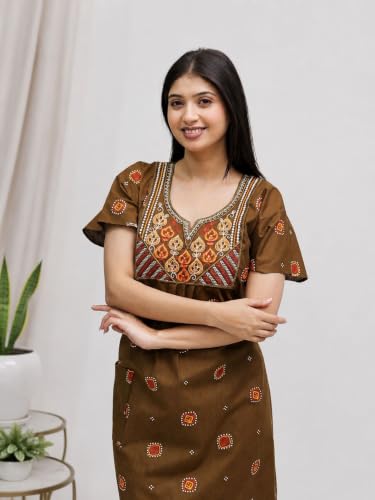 Image of Women's Pure Cotton Maxi Nighty, Jaipuri Embroidery Print, Short Sleeve Night Gown with Pocket
