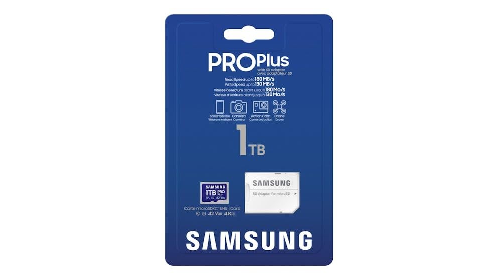 Image of Samsung 1TB PRO Plus Micro SD Memory Card /w Adapter, UHS-1 SDR104, Class 10, Grade 3 (U3), Read /Write Up to 180MB /s /130MB /s, 10 Years Limited Warranty (MB-MD1T0SA /APC)