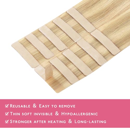 Image of WENNALIFE Tape in Hair Extensions Human Hair Light Blonde Highlighted Golden Blonde Tape in Extensions, 10pcs 20g 12 inch Remy Invisible Tape Ins Straight Soft Real Human Hair Tape in Extensions