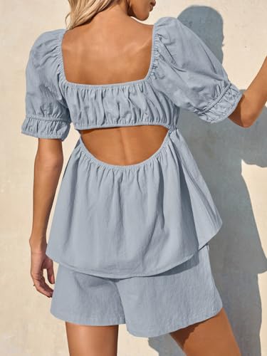 Image of Tankaneo Womens 2 Piece Outfits Summer Square Neck Short Puff Sleeve Babydoll Tops and Shorts Matching Set