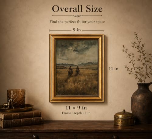 Image of Gold Framed 3D Textured Wall Art, Vintage Western Cowboy Horse Canvas Prints, Wild West Mountain Landscape Pictures Decor, Mid-Century Equestrian Gallery Artwork for Living Room Office 11x9 in