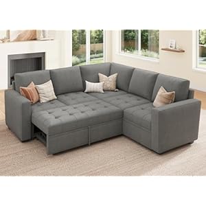 HONBAY Modular Sectional Sleeper Sofa with Pull Out Couch Bed, L Shaped Couch with Storage Seat, Sectional Couches for Living Room,Warm Grey