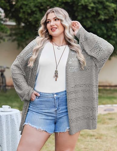 Image of IN'VOLAND Womens Plus Size Crochet Cardigan Lightweight Long Sleeve Open Front Oversized Boho Sweaters Kimonos